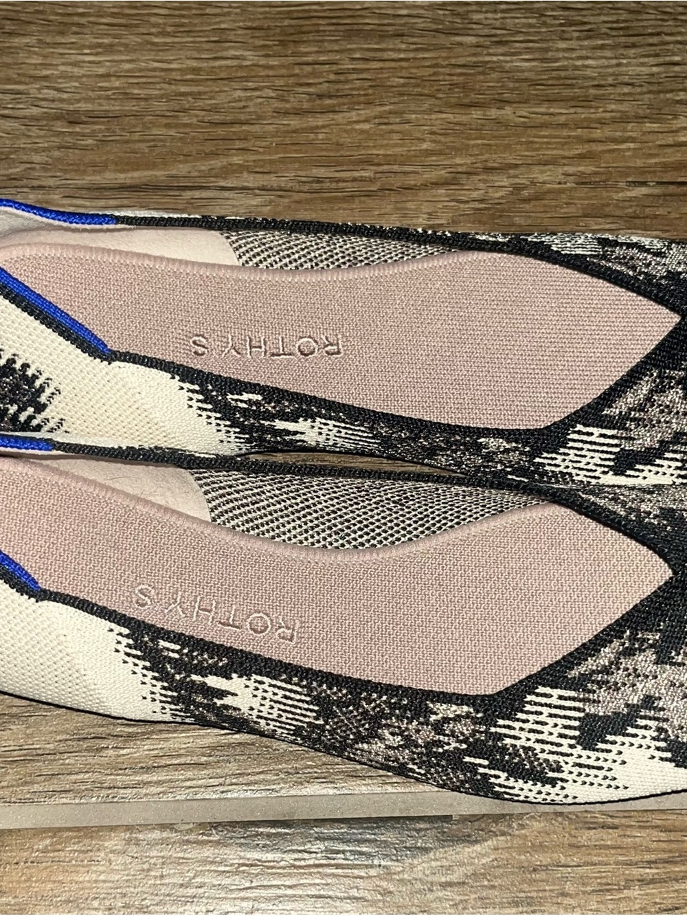 Rothy's Black & Cream Floral Knit Ballet Flats with Pink Insole and Blue Trim - Picture 2 of 5